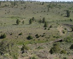 To change elevation quickly with a reasonable grade, the Rio Grande used a pair of very tight horseshoe curves, now known as the upper and lower Whiplash Curves. From the upper level, we can see the Lower Whiplash in the valley below.