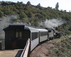 Just beyond Lava, the track starts working its way down the sides of the lava-capped mesa we've been travellling on. This was shot near milepost 289 as we're headed down towards Hangmans Trestle and onto the valley floor.