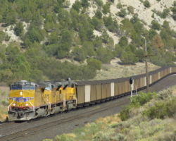 A UP "Flag Unit" - 5824 - leads a coal load at Detour, UT