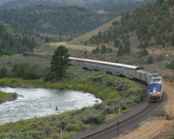 Amtrak #6 winds along the Colorado River at Yarmony.
