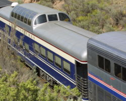 Rail Ventures' Bella Vista on the back of Amtrak 5 at Dotsero, CO