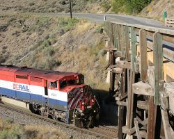 And a few hundred feet later, ready to pass under the wooden bridge that carries Hwy 12 over the tracks.
