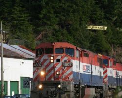 Having met the PGNV at Brunswick, its reciprical train, NVPG, approaches Britannia Beach