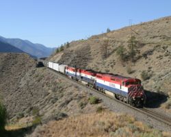 The southbound PGSQ is about to head under the road near Gibbs, just northeast of Lillooet.