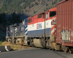 And in the late afternoon, the cycle of trains on the BC Rail mainline starts again, with this very late northbound SQPG out of Lillooet, about to disappear into the shadows of the Fraser River Canyon