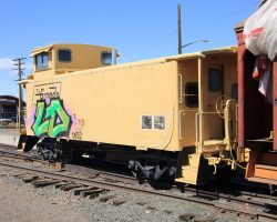 Despite being defaced by some rattle-can vandals, 01447 is still in pretty good shape for its age. It and DRGW 3006 arrived in Feb 2018 from Burnham.