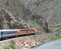 Taken almost a year ago in Aug-2000, CCRG 402/403 wind back down into the Royal Gorge just east of Parkdale.