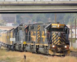 After what looked like a quick crew change, the Special pulls out onto the yard lead and prepares to turn north through Pueblo Junction.