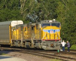 UP 4412 and its accompanying auto rack train pause at Missouri Valley to change crews before proceeding west towards Fremont, NE.
