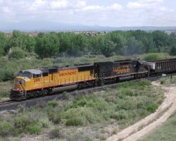 UP 4091 and DRGW 5356 lead 75 empty hoppers out from behind a hill, finally getting to Florence, CO.