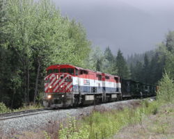 BC 4622 leads 4621 and a northbound through D'Arcy, BC.