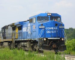 A stranger in a strange land, a patched ex-Conrail C40-8W leads a loaded north/westbound near Bradley Junction on 2-May.
