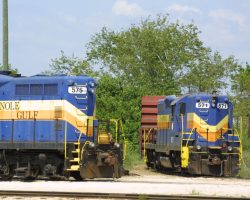 Two trains sitting at the yard in south Fort Myers, FL, on 2-May.
