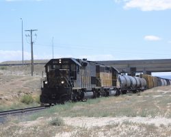 Slowing for the junction ahead, 5361 comes under I-70 and across the old road between Brendel and Thompson.