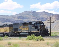 After rejoining the high iron at Brendel, 5361 and train is quickly up to track speed through Thompson, UT.