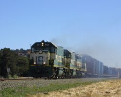 After the morning switching is completed, the three pick up the interchange traffic for the west end of the system and head for Napa Junction, seen here at Cordelia.