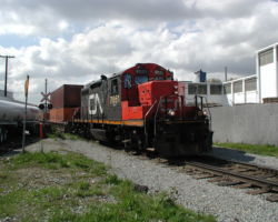 A CN geep pulls an intermodal transfer drag through Vancouver
