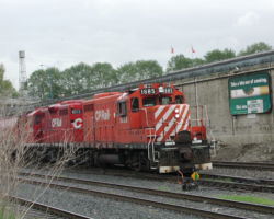 A CP local crew switches grain cars into a ocean terminal