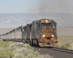 The inbound train approaching the west gate of the ECDC facility at Sunnyside, UT.