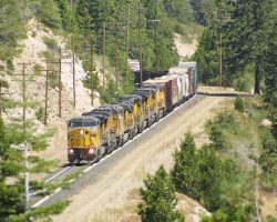 Soon to be heading back in to double track, UP 9391 descends into Emigrant Gap.