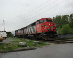 CN's 5531 comes to pick up a cut of cars set out for them by BC Rail