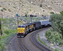 The eastbound ZRODV rounds the corner into Utah Railway Junction, just north of Helper. The train is powered by replacement units put on the westbound in Grand Junction on Friday due to a grade crossing incident with the original power.