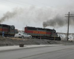 Two Utah helpers on the BNSF, accelerating through Helper