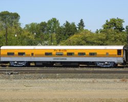 On my next visit to Donner, the only thing of great interest was the Rio Grande's Royal Gorge tacked on the back of Friday's (24-Aug-2001) Amtrak #6, seen here in the Roseville yard.