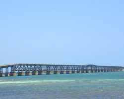Bahia Honda, the most impressive of all the Key West Extension bridges. Bahia Honda is the deepest channel crossed by the Key West Extension (40-50 feet of water and very soft bottom material), and consequently has the most impressive structure - 5055 feet of through-truss bridges.