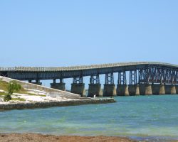 The southernmost eight spans were removed and replaced with this strange deck girder ramp to get the highway to the top deck. Obviously the railway decking was too narrow for a two lane highway. Note the missing span, which keeps people off the bridge today.