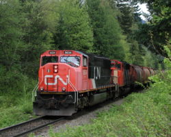 Waiting on the previous train to finish switching, just north of Yale, BC.