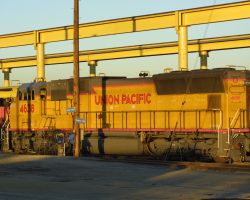 After getting skunked on seeing trains on Donner, it was nice to return to this oddity at Roseville - one of the flared-radiator SD70Ms. Five of these were produced by EMD to test a new system for improving emissions to meet 2002 EPA regulations.