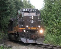 Halfway to Squamish, BC 1700 squeals its way around a tight corner at Lion's Bay
