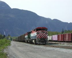 A northbound freight sits and waits at Squamish, powered by BC Rail Dash 8-40CM 4603