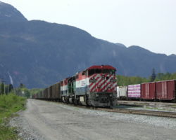 A northbound freight sits and waits at Squamish, powered by BC Rail Dash 8-40CM 4603