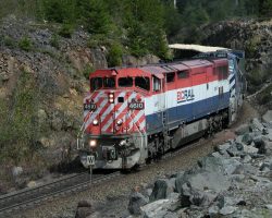 A southbound freight works down the hill to meet the WN at Garibaldi, about two miles down the line.