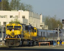 ARR 4002 and 3009, turned from the previous night, sit at the Anchorage depot with the 21-May northbound Denali Star.