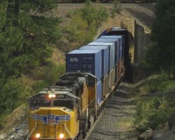 4168 leads a westbound stacker through Williams Loop. Taken from the highway bridge, the real challenge to this shot is not getting a train, but rather avoiding getting hit by oncoming traffic on CA Hwy 70 - there's only a very narrow curb to stand on out of traffic.