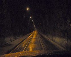 The inside of the now dual-mode Whittier Tunnel. Also the longest highway tunnel in North America, at 13,300ft.