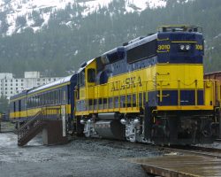 ARR 3010 sits at Whittier with the two car train from Anchorage on 22-May-2002.