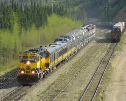 Only a few minutes later, 4002 shows up with the aforementioned passenger train. Note the caboose on the southbound.