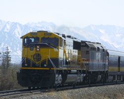 The northbound Denali Star near Summit, lead by 4002 with AMTK 245 trailing.