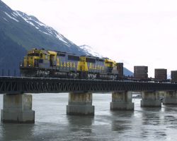 Passengers out of the way, 2801 pulls out of Portage and over the Twentymile River.