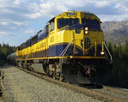 ARR 4005 rolling south through Denali at sunset on 23-May, from a different point of view than before.