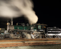 Skookum steamed up at night. After the lights went out, she went back in the shop for more work.