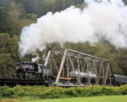 McCloud 25 crosses the Nehalem River on an 1894 truss bridge. The bridge predates this railroad - it was originally installed on the Central Pacific Transcontinental line at Verdi, NV (just west of Reno). It was brought here in 1930.