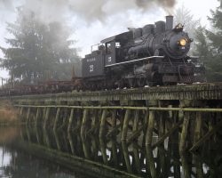 MCRR 25 and her cut of log cars cross a long trestle over one of the sloughs near Tillamook. I think this is the Hathaway Slough bridge.