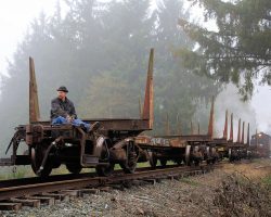 One of the crew (conductor?) rides the rear of the log cars to protect the long shoves back for the run-bys.