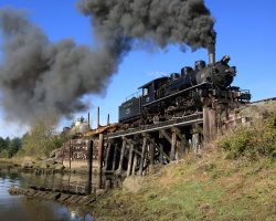 Our train on the famous trestle over the inlet to the wetlands at Fishery Point, just west of Wheeler.