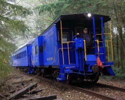 One thing about the OCSR blue equipment - it's vibrant. OCSR 24508 is formerly a Rock Island bay window caboose.